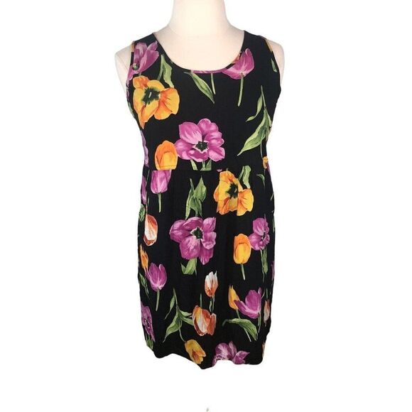 Caribou Black Floral Rayon Tank Dress Large Hawaiian Beach Summer - Picture 1 of 10